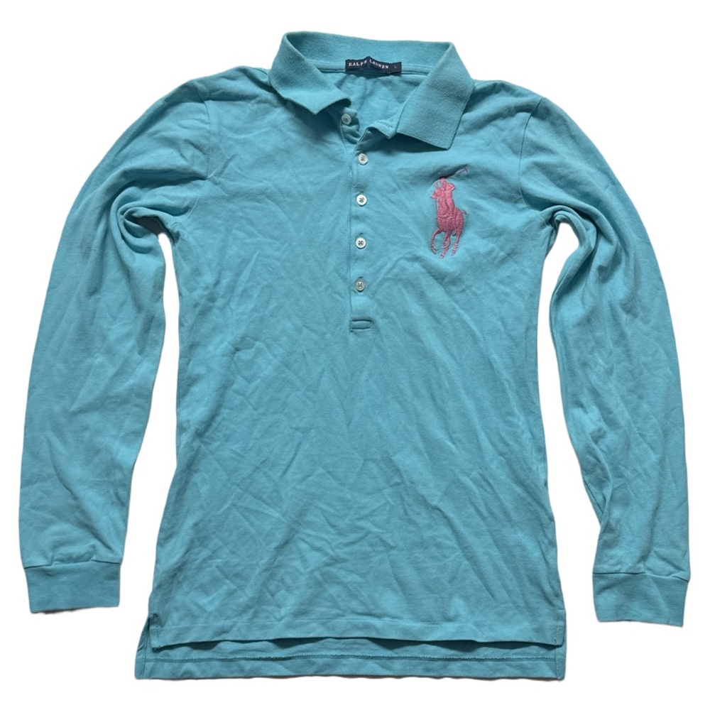 Y2K RALPH LAUREN women's light blue teal + pink big pony embroidered polo top, L